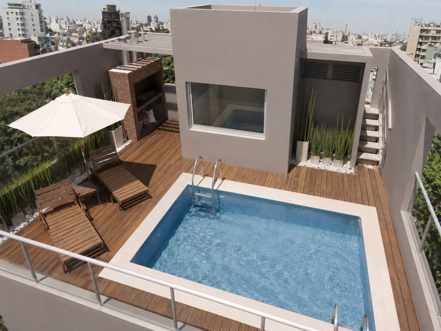 Terraza con piscina y parrilla del edificio Araoz 1924