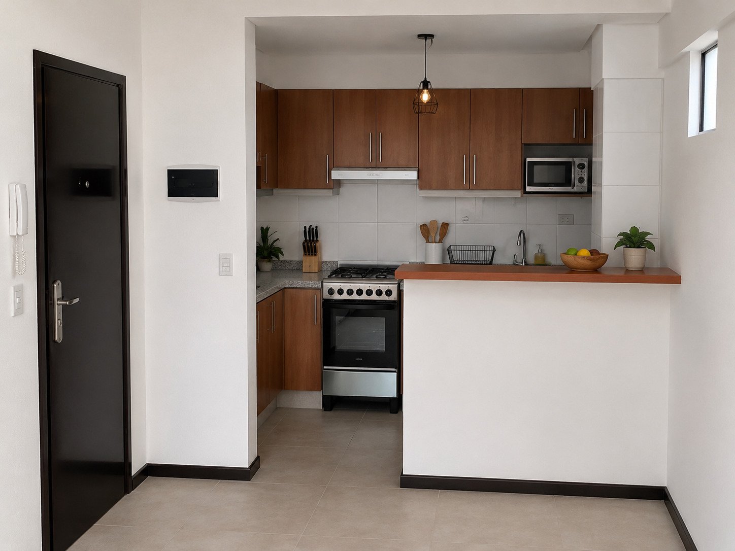 Cocina y hall de entrada de departamento en Balbín 2600