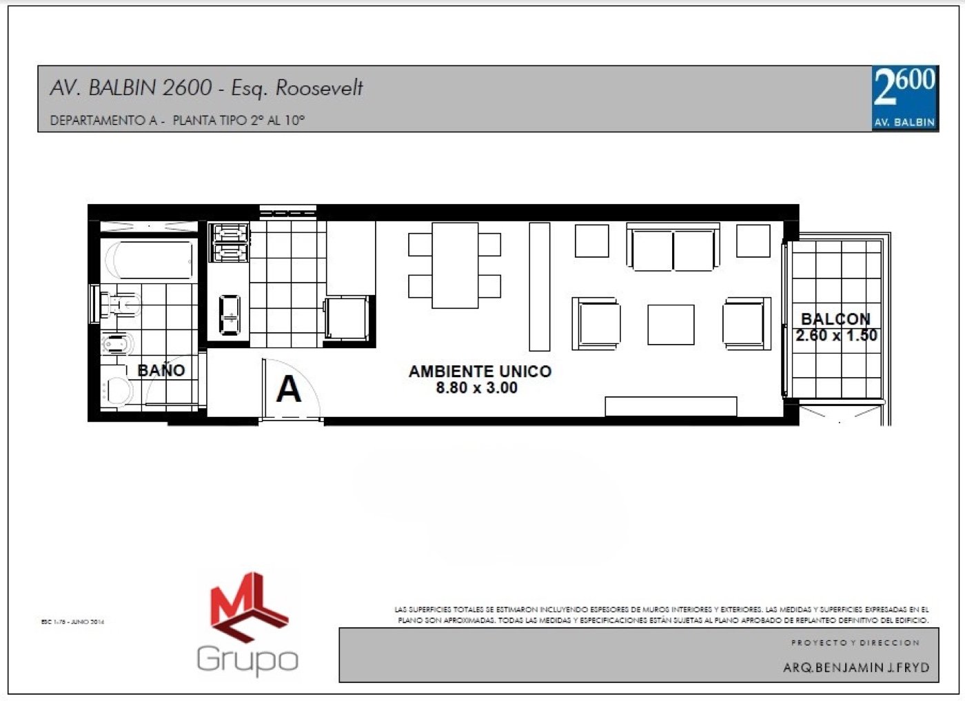 Plano Departamento A — Ambiente único 8.80×3.00 con balcón