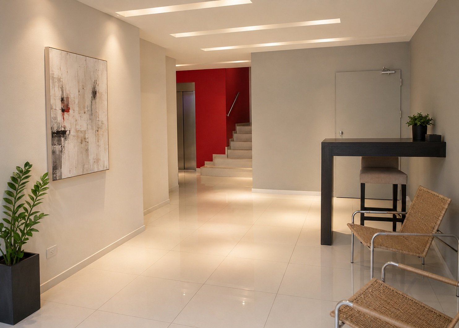 Hall interno con ascensor y escalera del edificio Ciudad de la Paz 1128