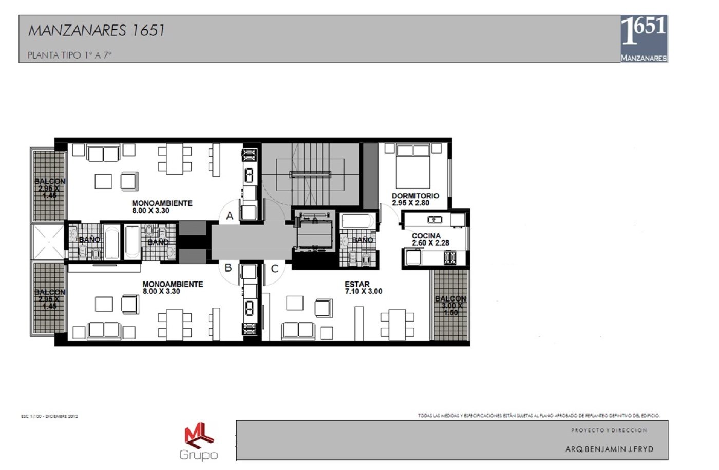 Planta Tipo 1° al 7° Piso de Manzanares 1651